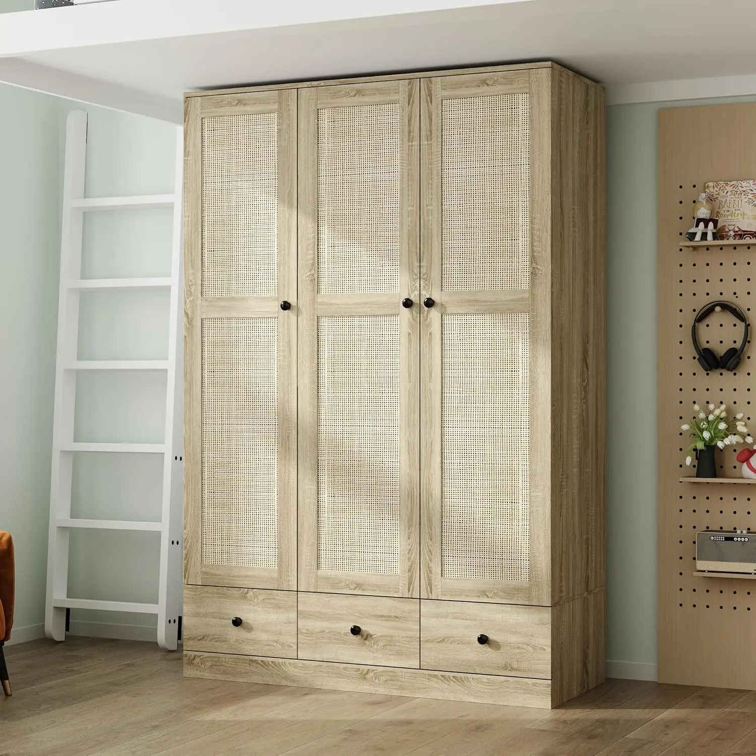 3-Door Rttan Wardrobe Armoire Closet, Bedroom Cabinet Armoire with 3 Rattan Doors, 3 Drawers, Hanging Bar & 6 Shelves, Light Bro