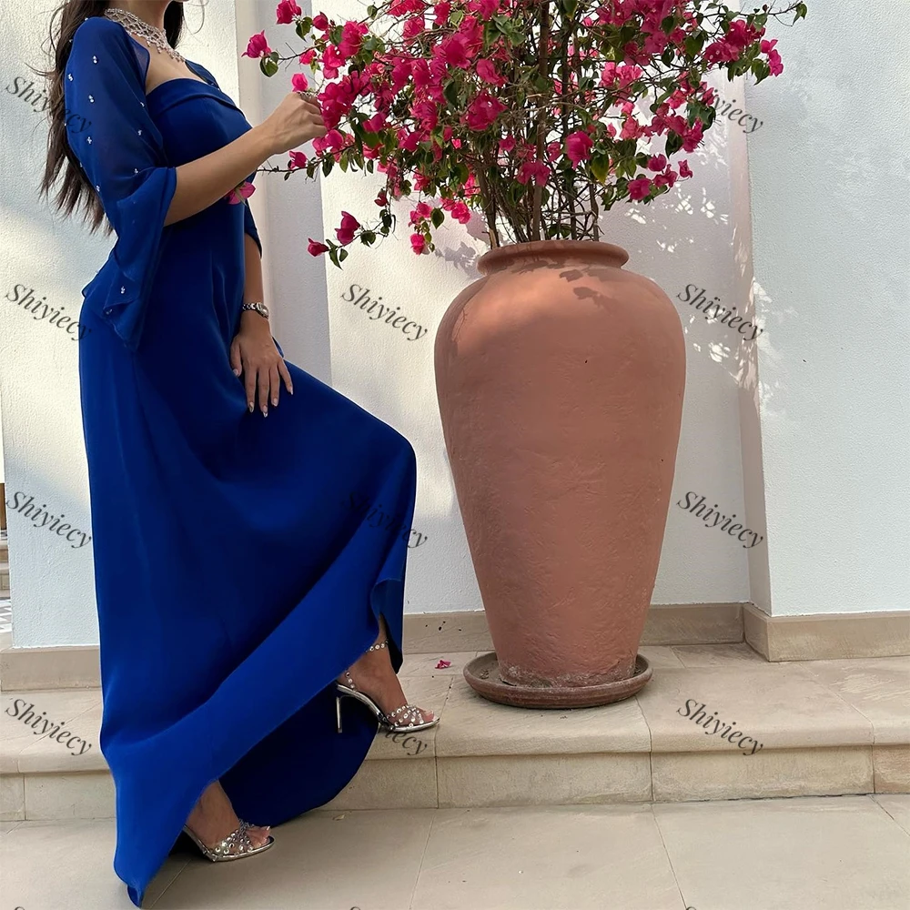 Royal Blue Sheath Evening Dress Elegant Jersey Long Sleeves  with Crystal Formal Occasion Gowns Floor Length Party Prom Dresses