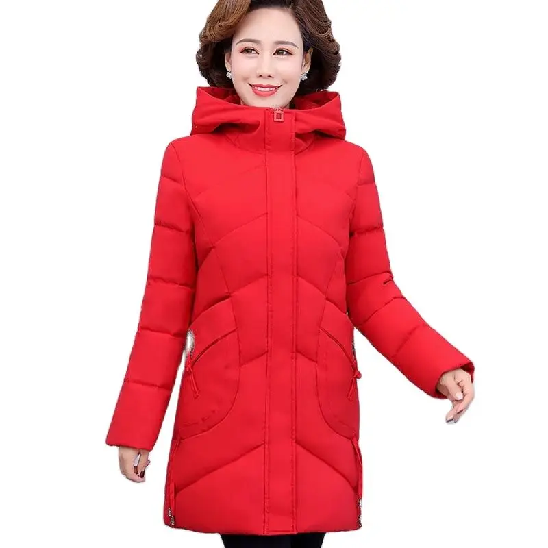 

Winter Solid Color Embroidery Hooded Mid-length Cotton Coat Middle-aged And Elderly Loose Fashion Winter Thickened Padded Jacket