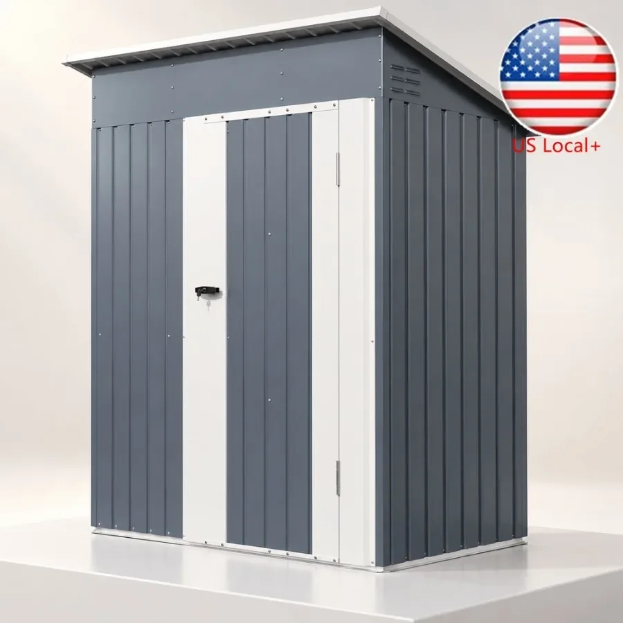 Outdoor storage shed for garden tools, metal construction, gray color, sloping roof design for rainwater runoff and enhanced du