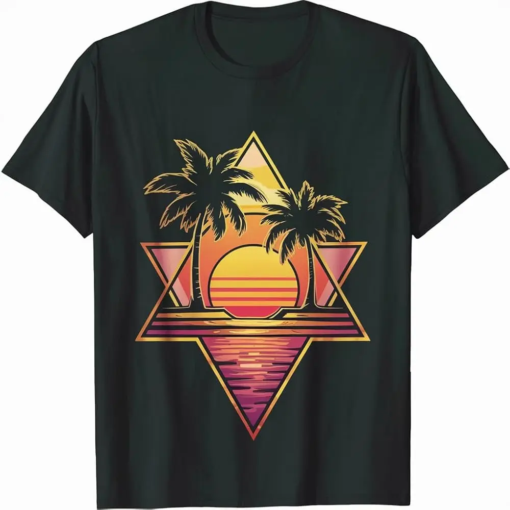 Tropical Palm Trees with Sailboat Beach Island Sunset T-Shirt High Quality 100%Cotton Short Sleeve