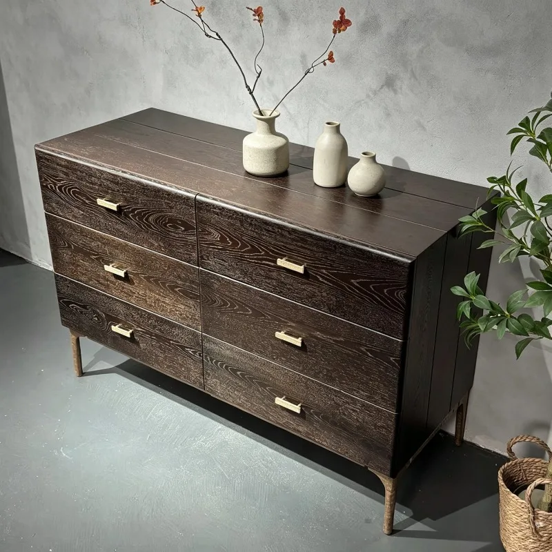 Solid wood retro medieval entrance side cabinet, white oak smoke color imported from France