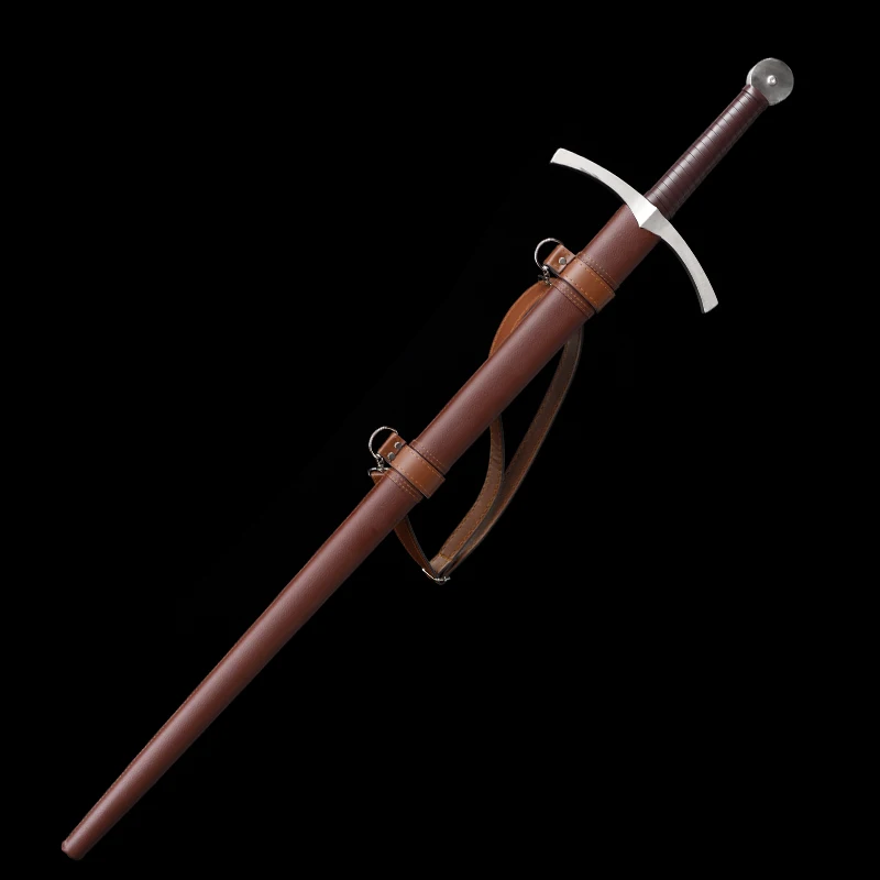 Knight Bastard European Medieval Sword Full Size 5160 Carbon Steel Unsharp Leather Wrapped Wood Scabbard Collection Decor Prop - view 6