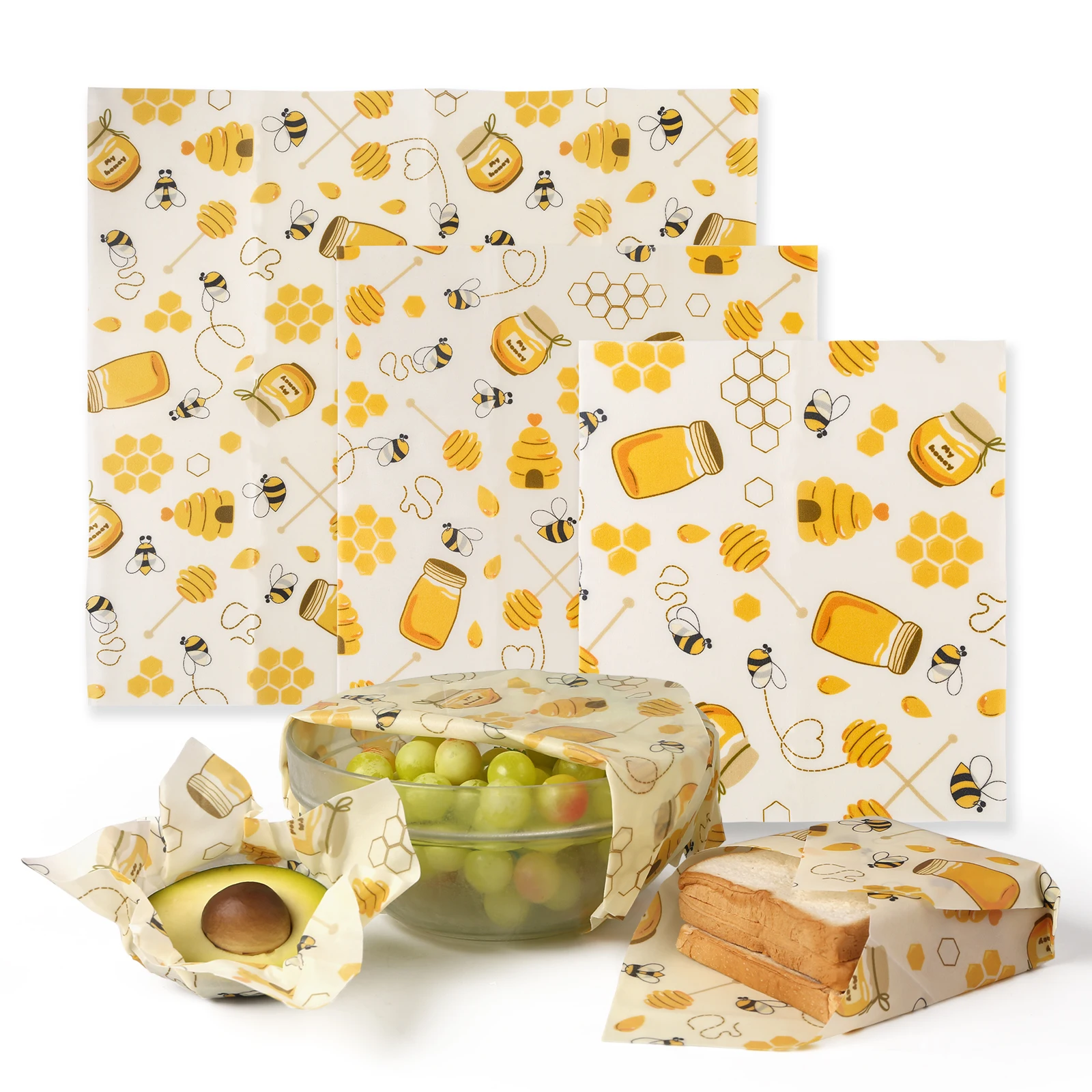 3 Pieces of Honeybee Pattern Beeswax Food Wrap, Reusable for Sandwiches and Refrigerator Preservation, Beeswax Cloth