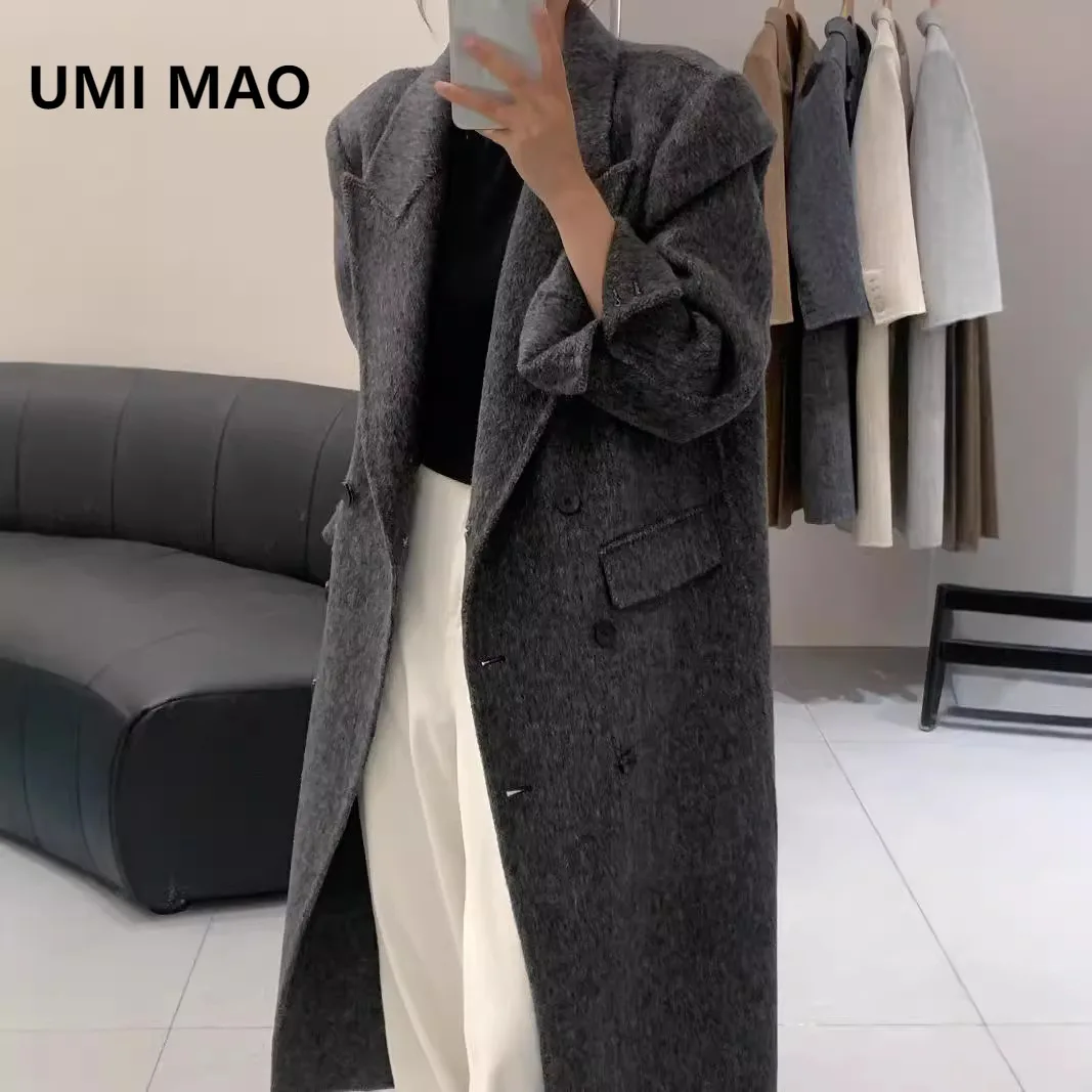 

UMI MAO, осенне-зимнее новое облегающее элегантное длинное шерстяное двустороннее шерстяное пальто выше колена с узором «елочка», женская куртка
