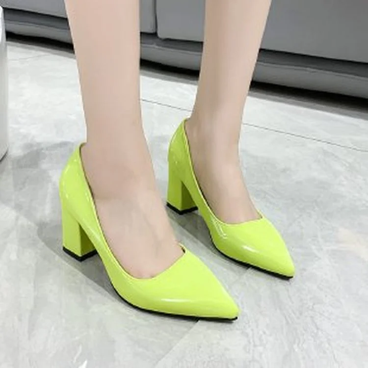 Summer Ladies Square Heel PU Shoes Ladies Pointed Toe High Heels Women\'s Work Party Shoes Plus Size 33-43 Plus Size Pointed Toe