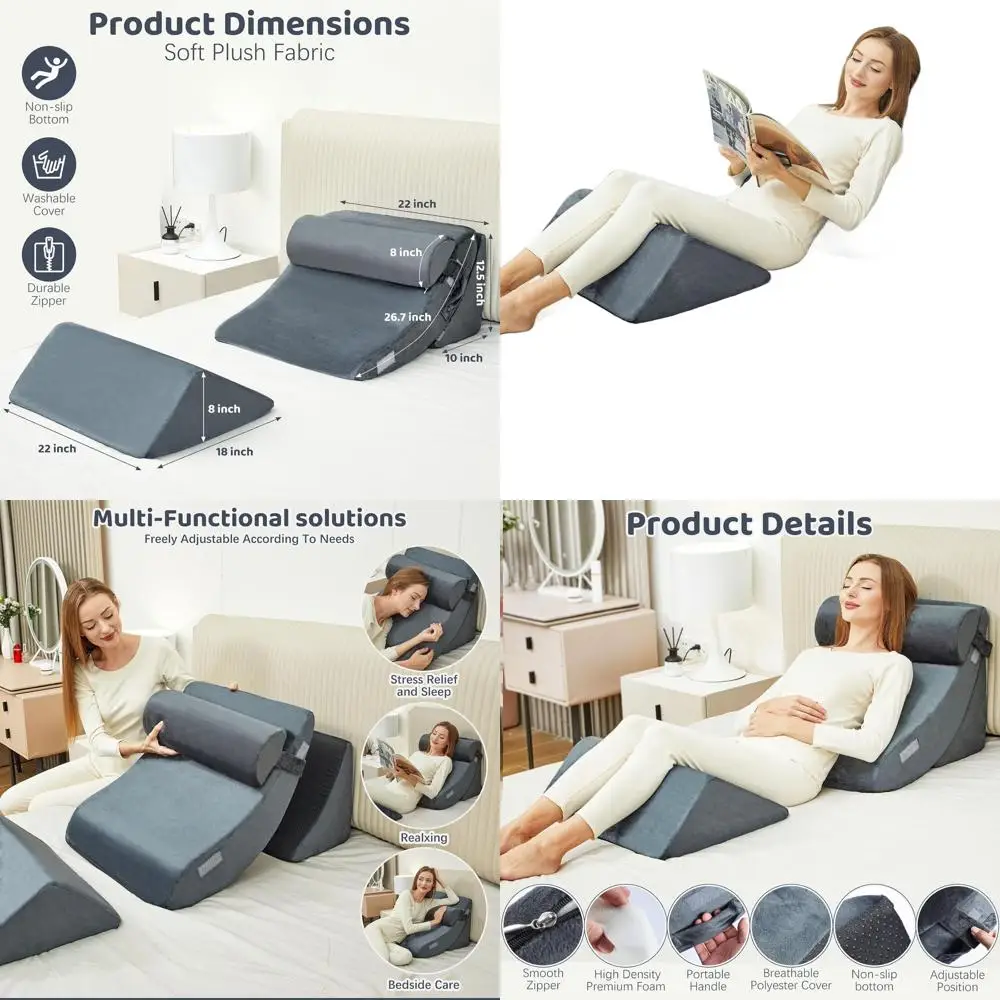 

4-Piece Bed Wedge Pillow Set for Post-Surgery Comfort, Sleep Apnea Relief, Back & Leg Pain, Acid Reflux, and Snoring Prevention