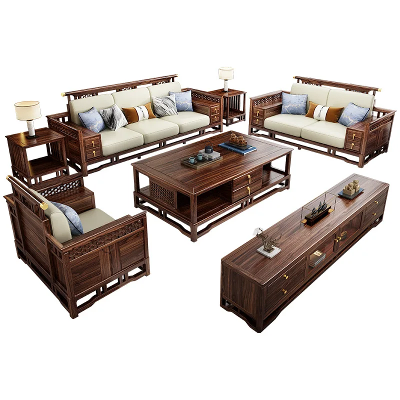 

Ebony solid wood sofa combination Chinese style large apartment villa living room new Chinese style carved classical retro sofa
