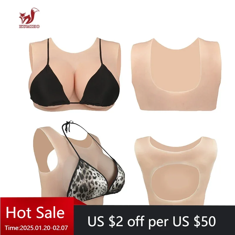 

KUMIHO BCDEG Hollow Breast Forms Round Neck Cutout Sissy Fake Boob Transgender Cosplay Crossdresser for Men Fake Chest Dragqueen