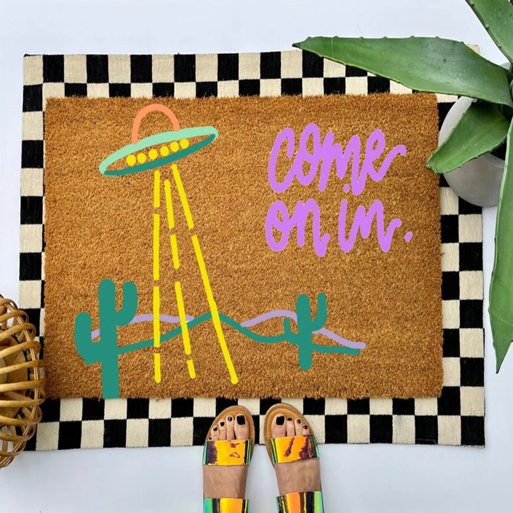 Funny UFO Alien Abduction Doormat Colorful Boho Y2K Welcome Coir Mat Sci Fi Eclectic Front Porch Decor Gift For Alien Lover