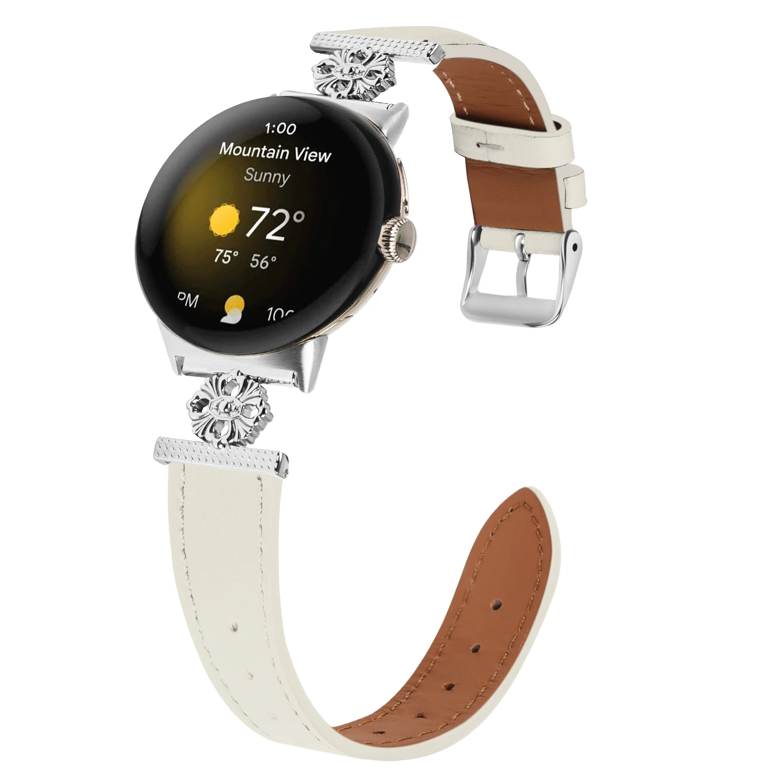 For Google Pixel Watch Straps Leather band leather + Four Petals stainless Steel Watchband for Pixel Watch 2 Bracelet correa image 4