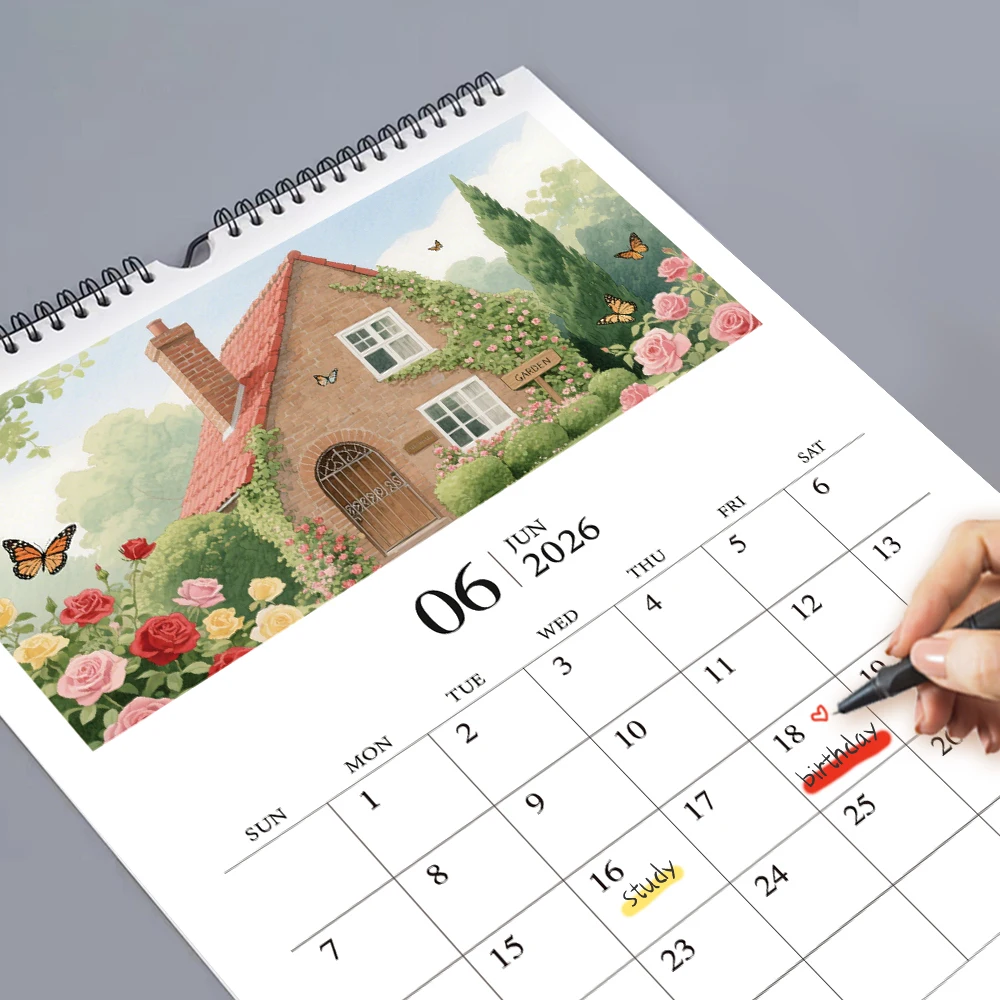 1 unidad, calendario temático de casa de acuarela 2026: cabaña, 12 diseños diferentes, calendario de pared, cumpleaños, Navidad, regalo de Año Nuevo