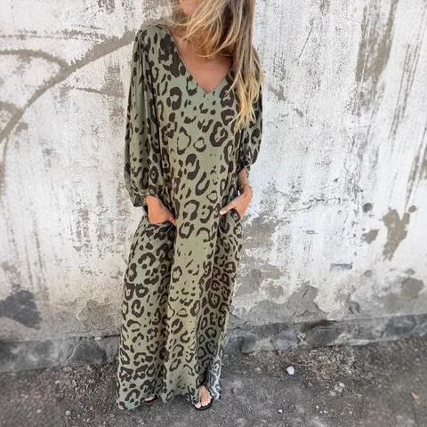 Vintage Leopardenmuster, lockere lange Kleider für Damen, 2025, Frühling, elegantes Maxikleid mit V-Ausschnitt und Taschen, Herbst, 3/4-Ärmel, Boho-Urlaubskleid