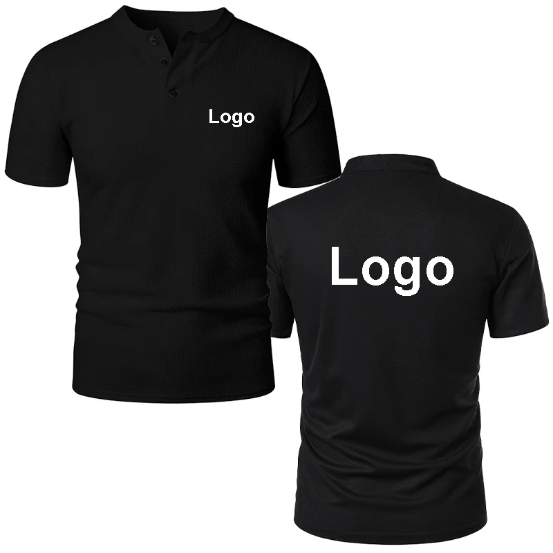 Customized  Printed Waffle Knit Henley Collar Polo Shirt Men Fashion Personality Breathable Three Buttons Front Closure T-shirts
