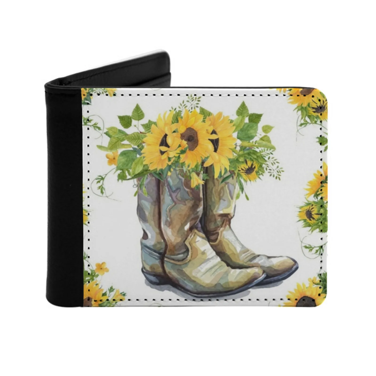 Cowgirl Boots And Sunflowers Personalized Men's Leather Wallet Card Money Bag Pu Leather Wallet Cowgirl Boots Sunflower Love