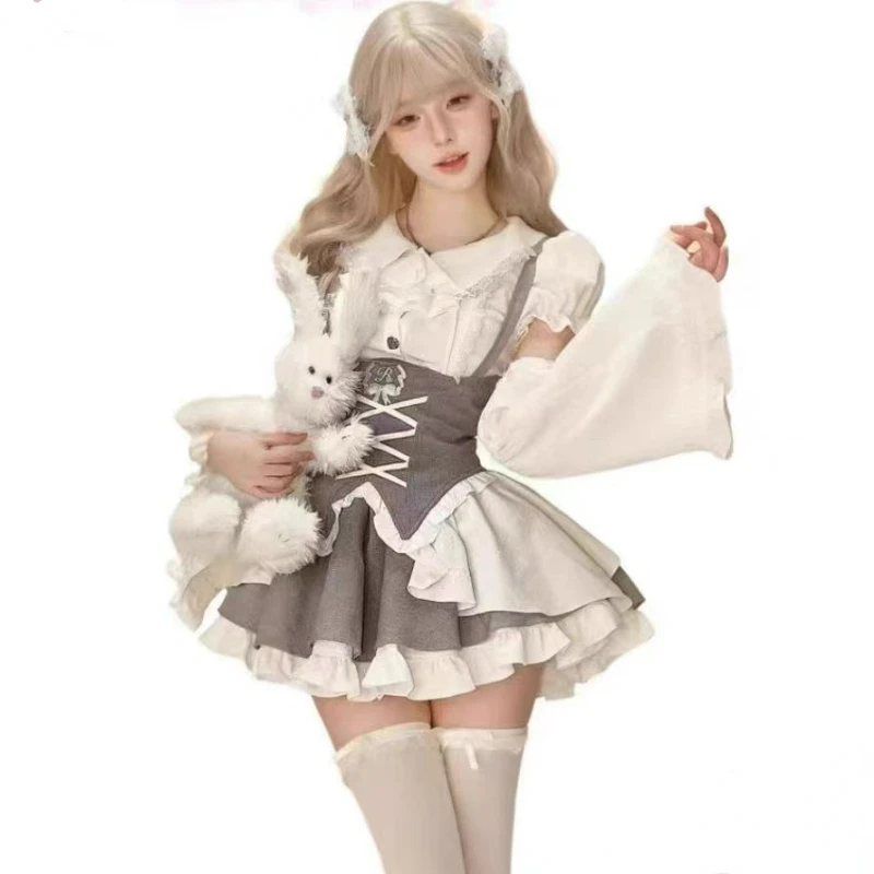 Japanese Kawaii Cute Lolita Skirt Set Women Sweet Lace Patchwork Shirt Top Slim Bandage Suspender Skirt Preppy Style Gothic Suit