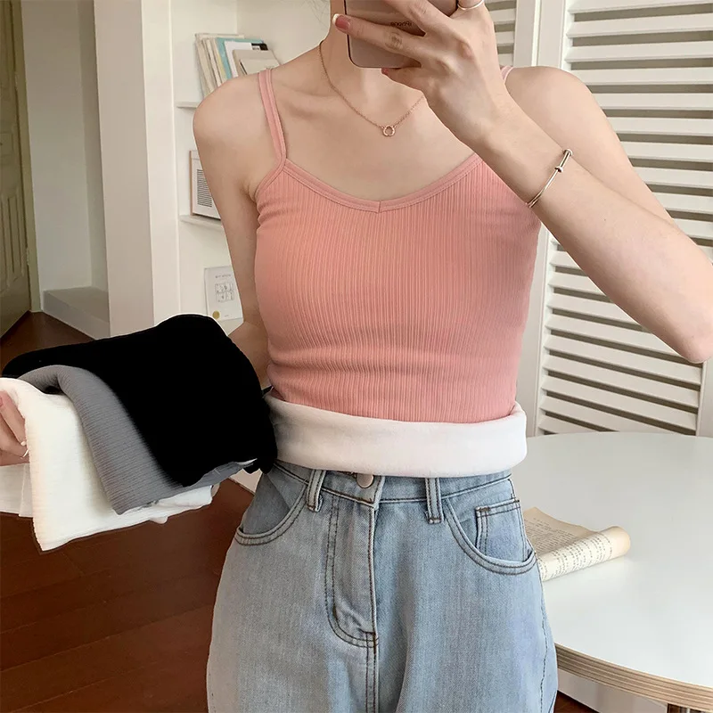 Women Sexy Solid Color Tops Thermal Casual Comfortable Elasticity Crop top Black Thin Velvet Sleeveless  Underwear Tank Top