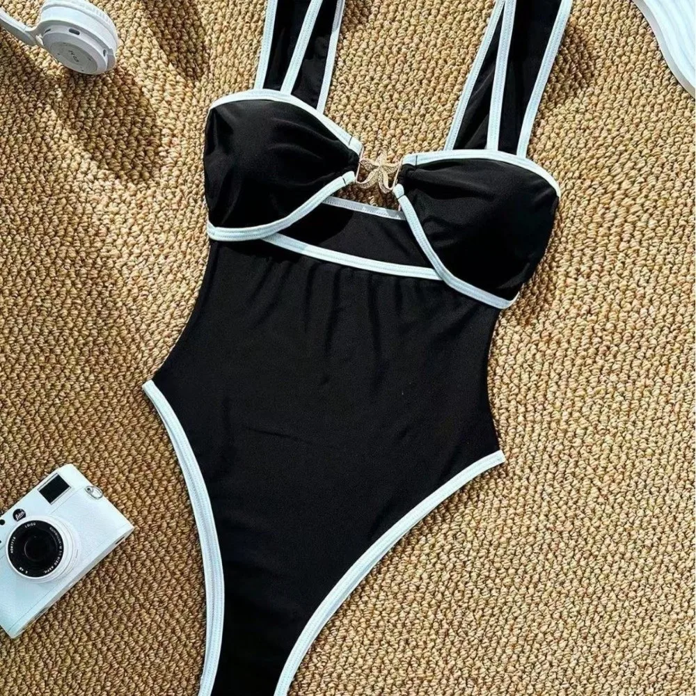 

Fashion Star Metal Buckle Bikini Set Sleeveless High Waist Beachwear with Chest Pad One-Piece Swimsuit Holiday