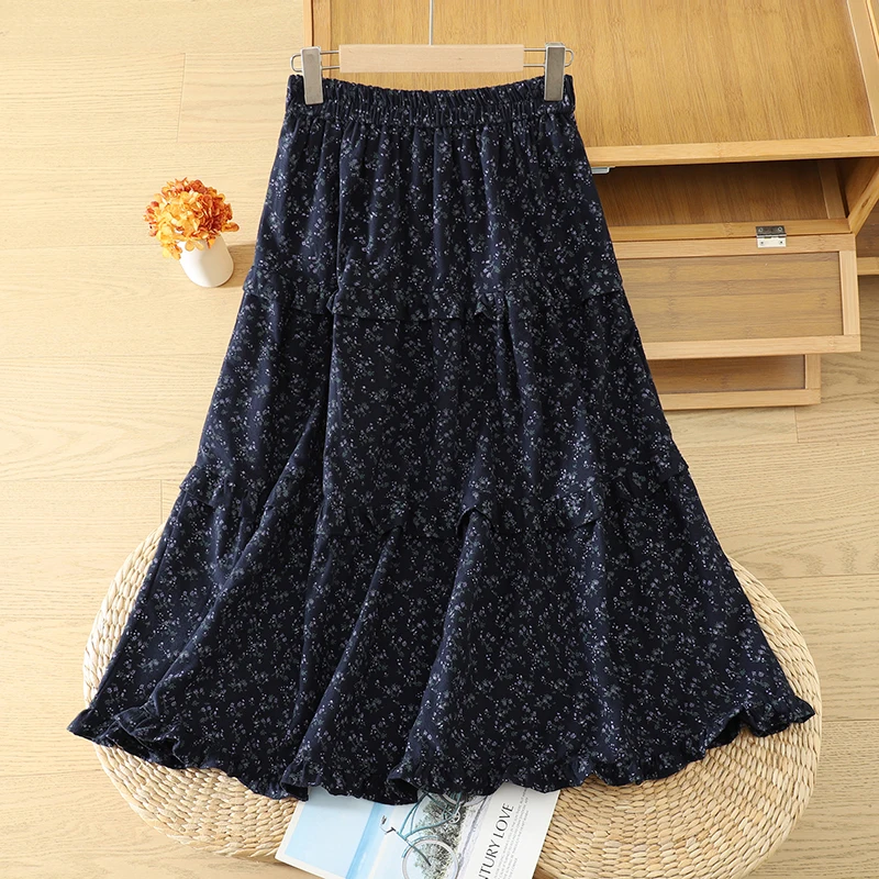 Floral Embellished A-Line Midi Skirt Women's Autumn Winter Slimming Umbrella Skirt Lace Trim Tea-Length Floral Skirt