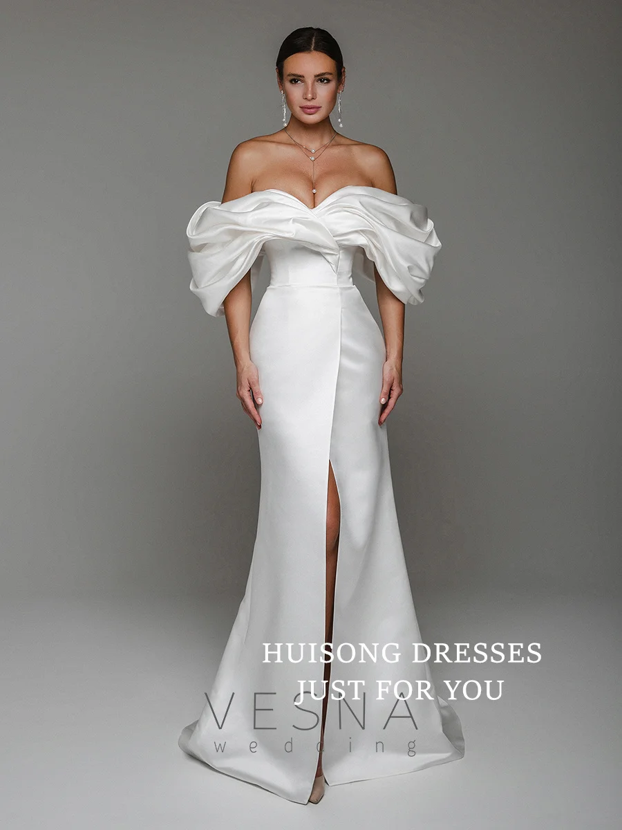 

HUISONG Customized Satin Mermaid Wedding Dresses Off the Shoulder Sleeveless Beach Bridal Gown свадебное платье