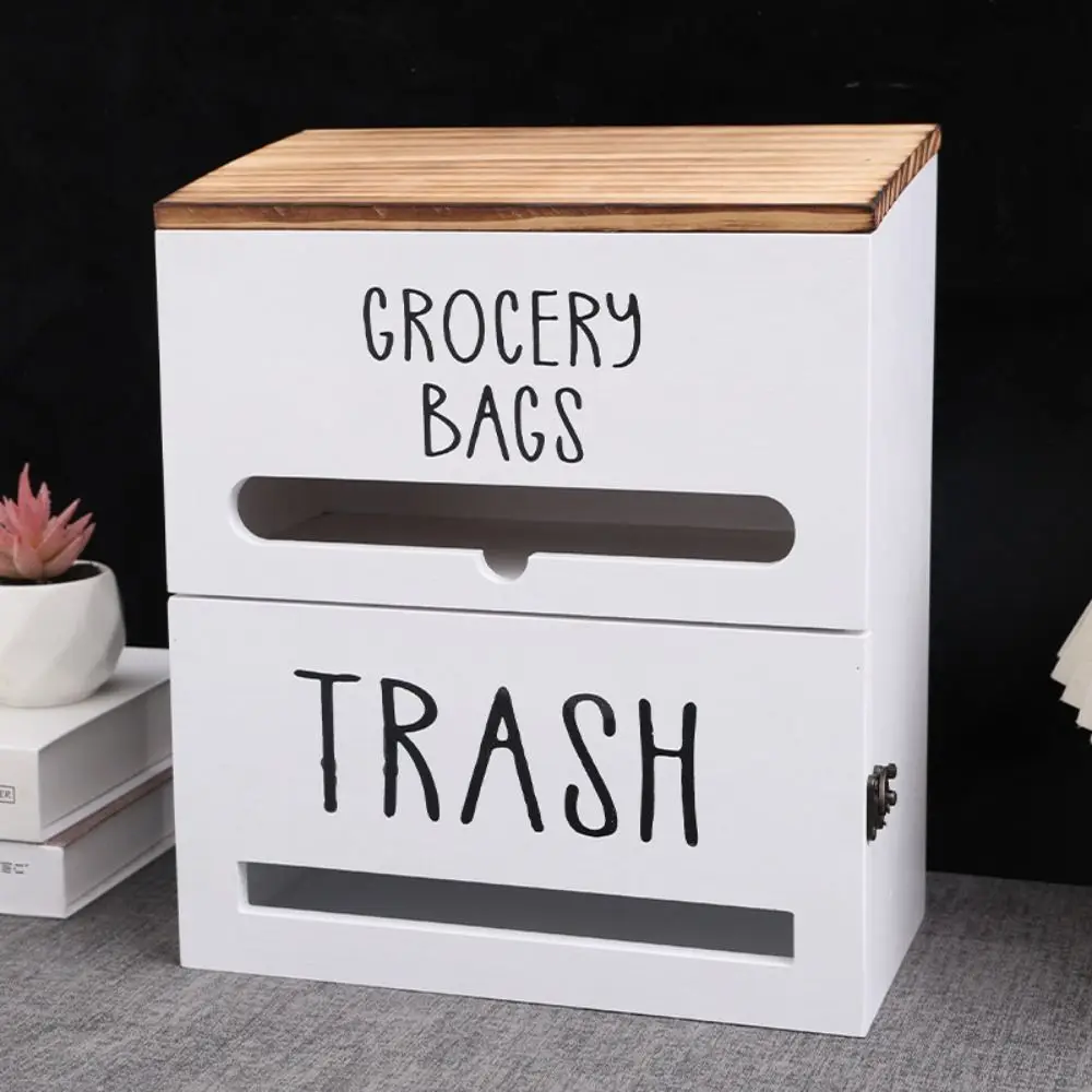 

Wall Mounted Trash Bag Dispenser 2 in 1 Wood Garbage Bag Container with Lid Kitchen Organizer Toilet Roll Paper Holder Desktop