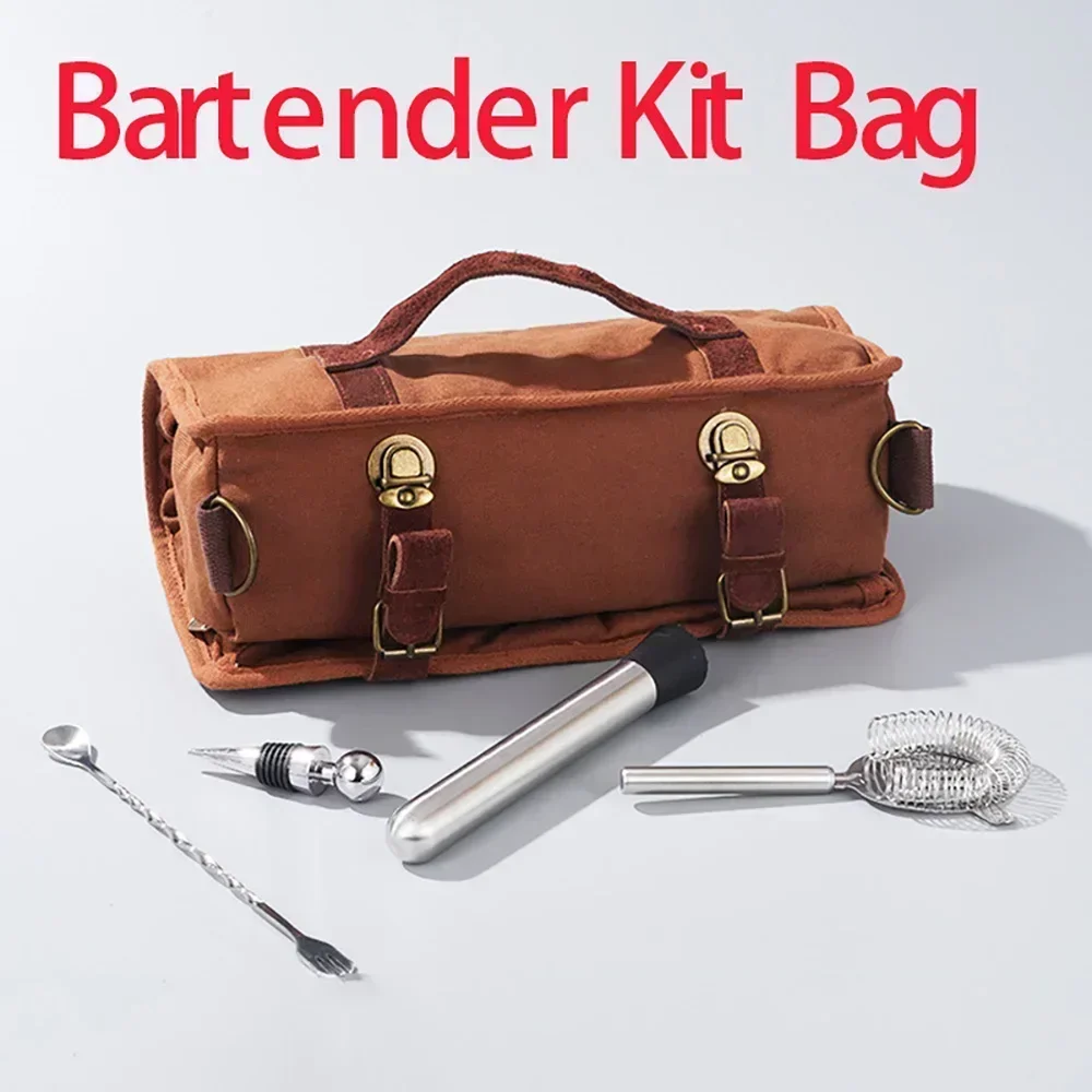 

Canvas Bartender Tool Kit Roll Bag Leather Handle Bag Cocktail Set Storage Durable Large Capacity Portable Organizer Pouch