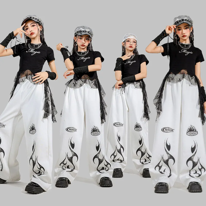 

Kid Kpop Hip Hop Clothing Black Ruffled Lace Dots Hem T Shirt White Casual Flame Wide Sweat Pants for Girl Dance Costume Clothes