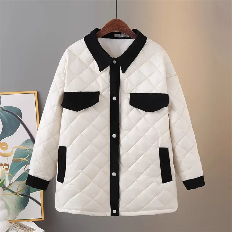 Winter koreanischer Mantel warme Baumwoll jacke mittellanger Revers kragen Cord kontrastierende Patchwork übergroße geste ppte Kleidung z4291