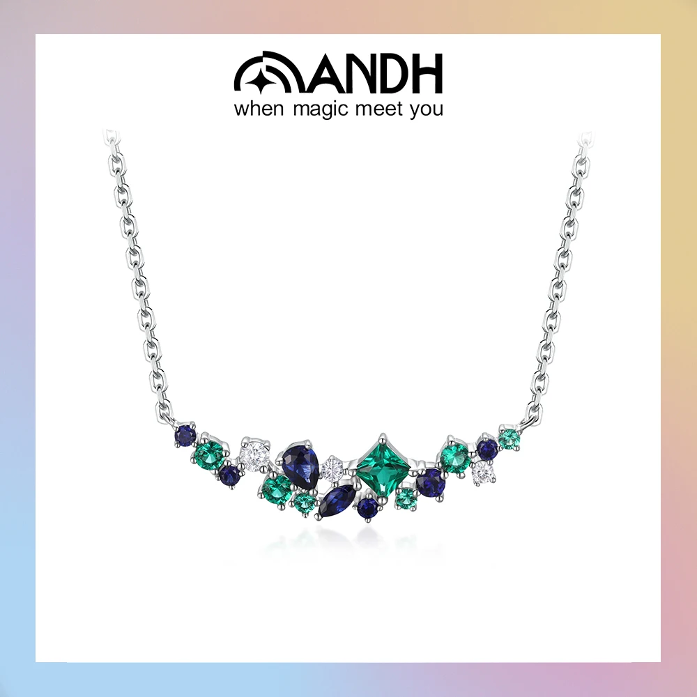 

ANDH Mixed Cut Lab Sapphire Emerald Moissanite Necklace for Women Curved Cluster Pendant Luxury Brand Jewelry Anniversary Gifts