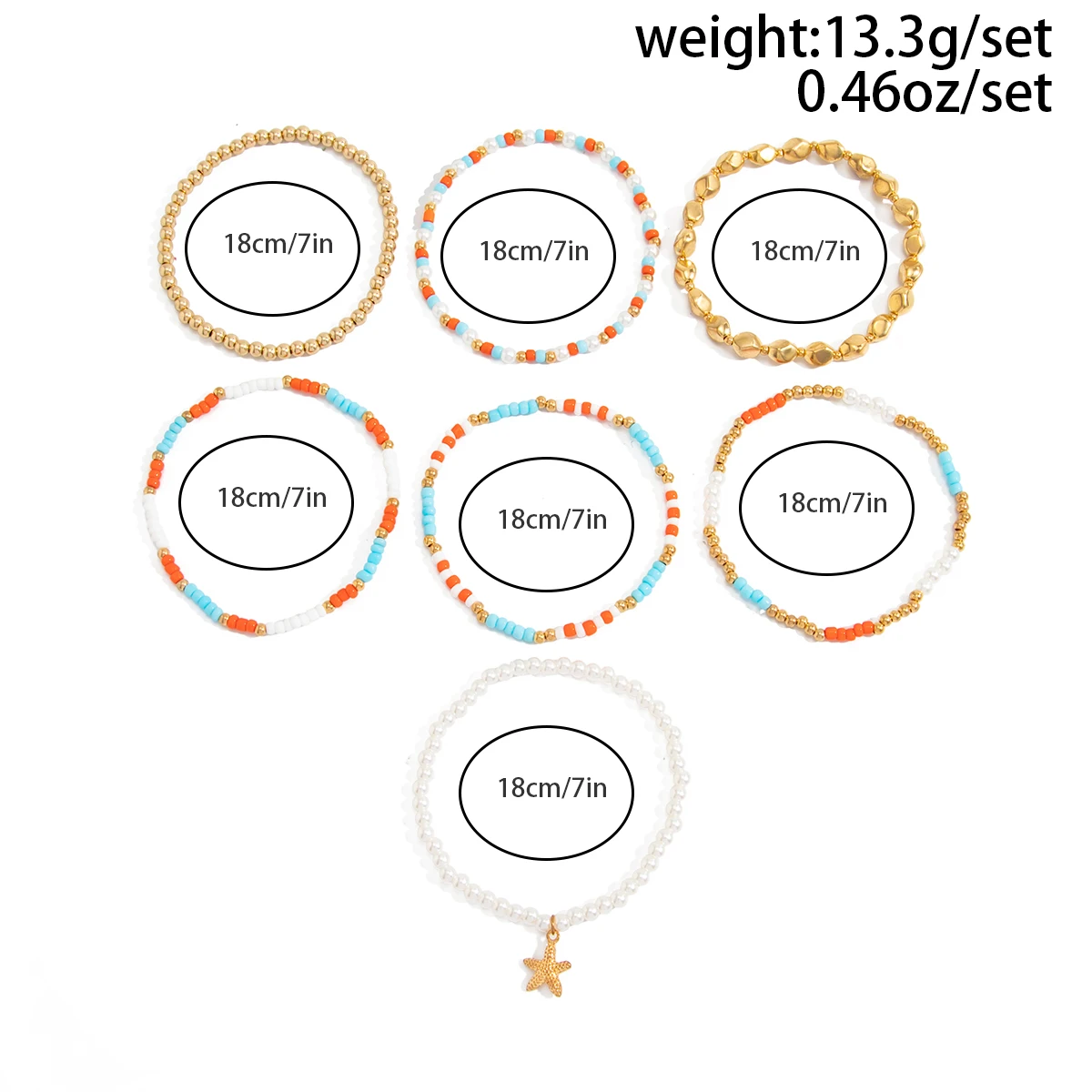 Ingemark 7Pcs/Set Boho Imitation Pearls Seed Beads Elastic Bracelets for Women Cute Starfish Pendant Bangles Jewelry Gifts
