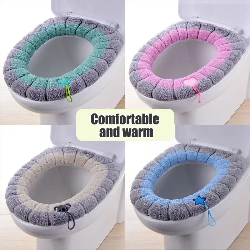 

1 Pack Stitched Color Portable Knitted Toilet Mat Thickened Washable Antifreeze Toilet Cover Thickened Knitted O Type Universal