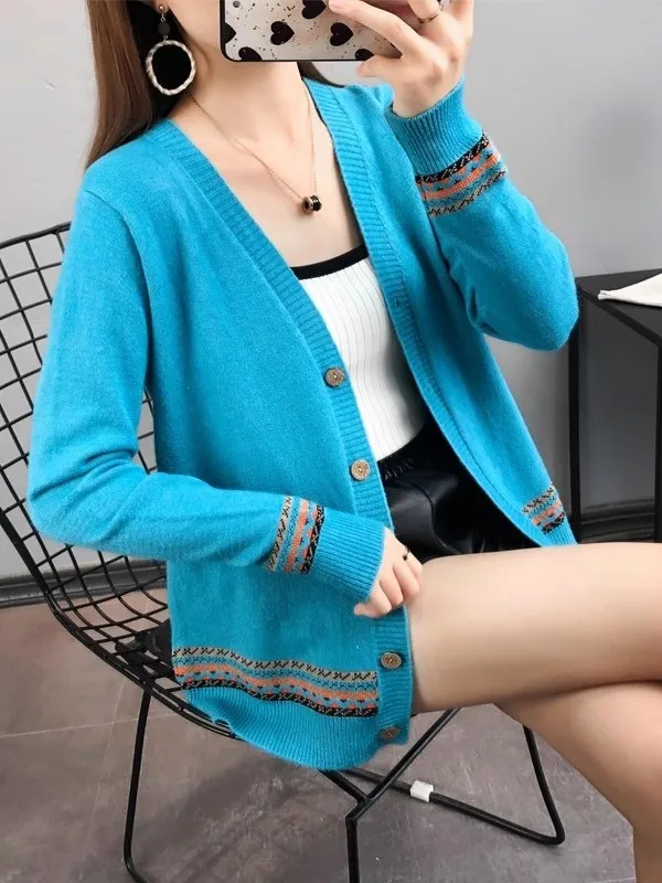 Ladies' Lazy Style Knitted Sweater Coat Loose Fit Thin Spring Autumn Top Button up Short Outerwear V-Neck Plaid Pattern