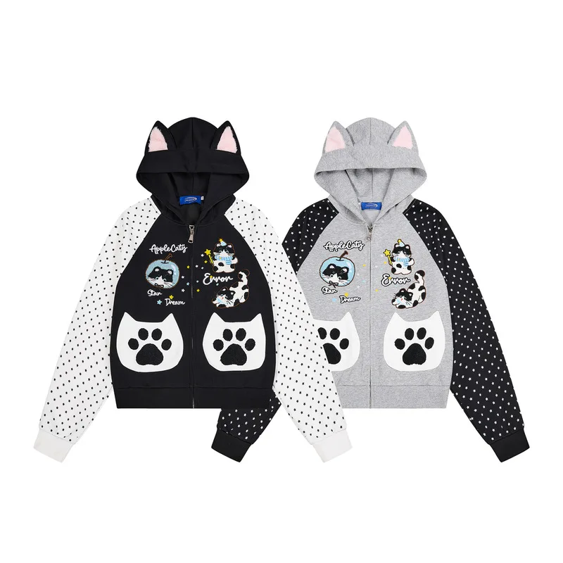 QICHE Women American Sweet‑Cool Zip‑Up Hoodie 3D Cat‑Ear Embroidery Contrast‑Color Cat‑Paw‑Pocket Jacket New Arrival