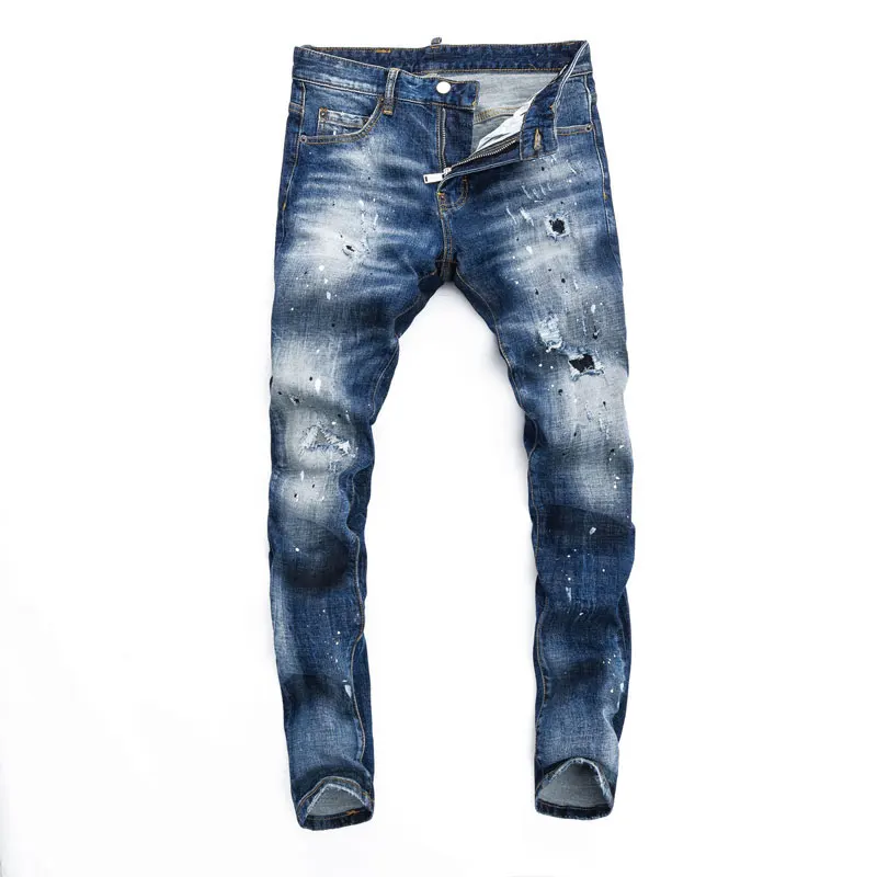 Streetwear Fashion Men Jeans Retro Blue Stretch Slim Fit Ripped Jeans Men Patched Designer Painted Hip Hop Brand Pants Hombre