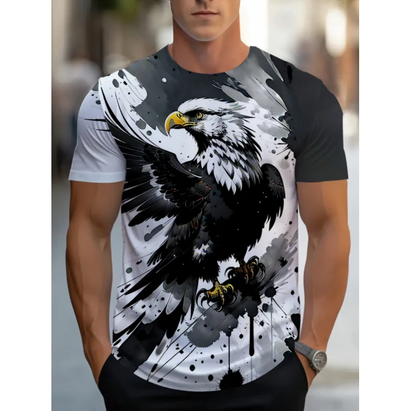 T-shirt décontracté pour homme, orné d'un motif d'aigle, idéal pour les tenues de restaurant, disponible en blanc et noir, durable et lavable en machine.