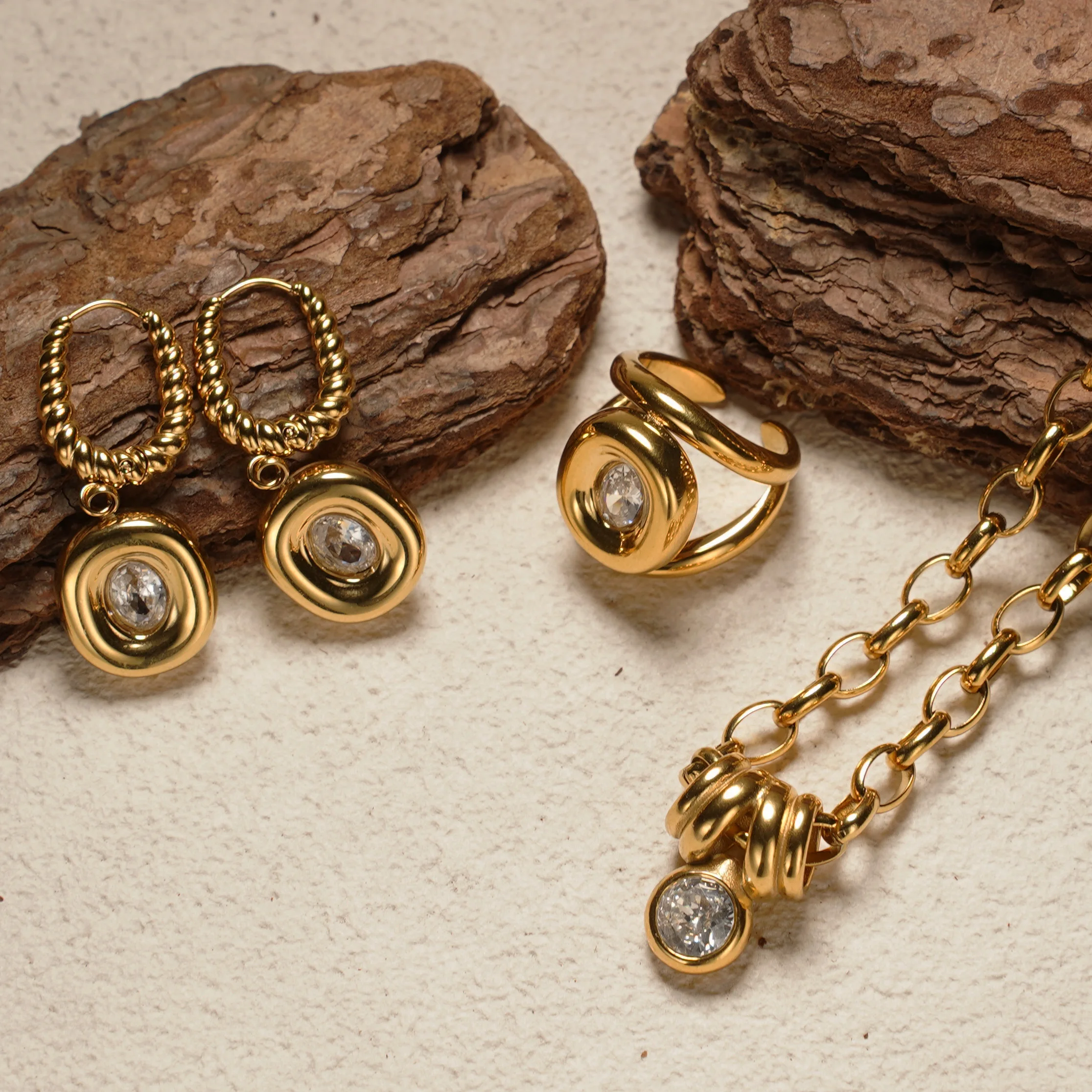 3Pcs 18K Gold Plated Twisted Coil Zircon Jewelry Set, Necklace Earrings Ring, Waterproof Stainless Steel for Women
