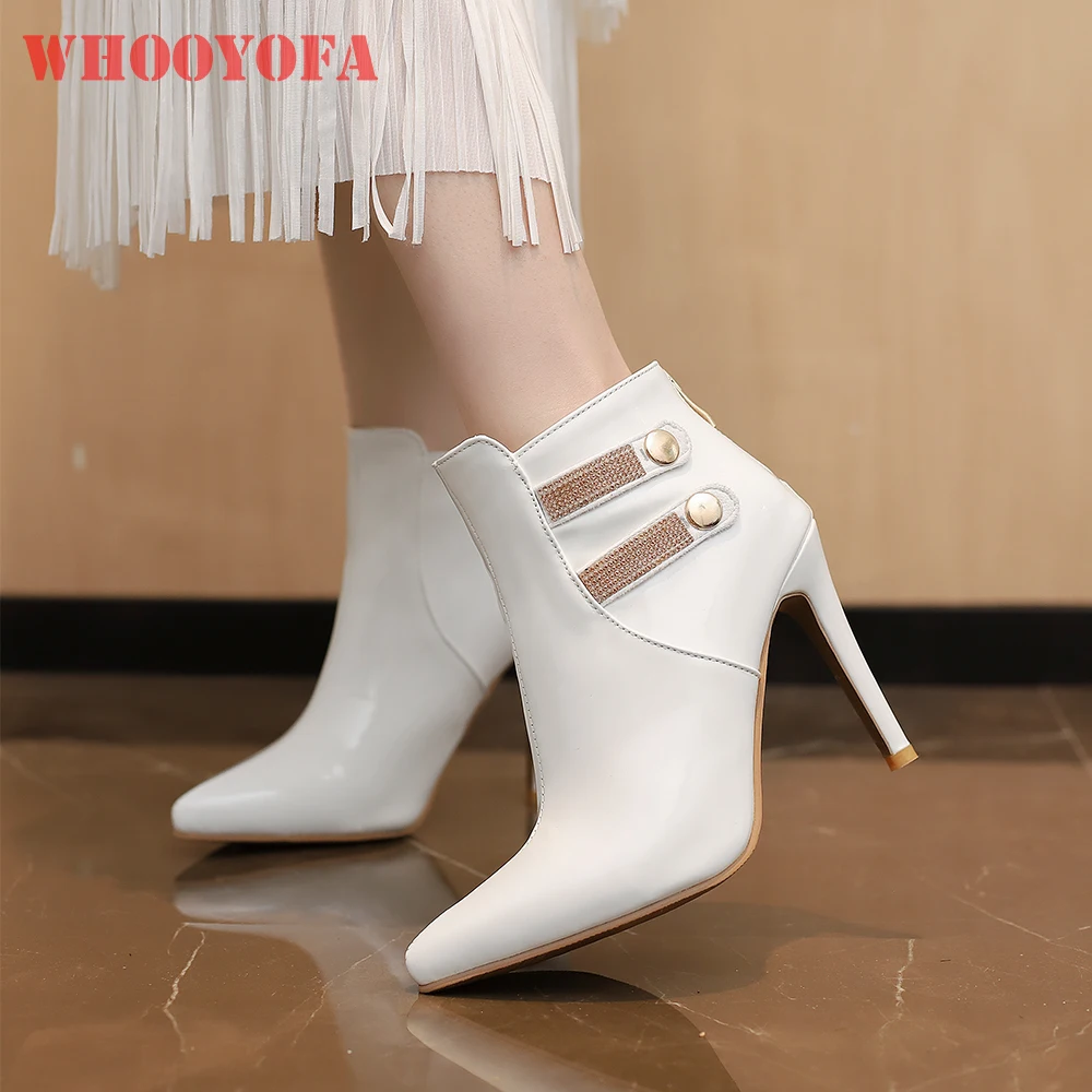 

Новые зимние глянцевые белые черные женские ботильоны на высоком тонком каблуке, женская обувь для вечеринок, маленький большой размер 13, 32,3, 48, 50