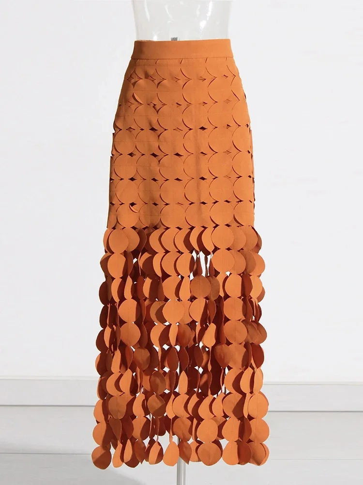 Patchwork Tassel Hem Midi Skirt For Women High Waist Solid Minimalist Long Skirts Female Fashion Spring Clothing 2024 Style