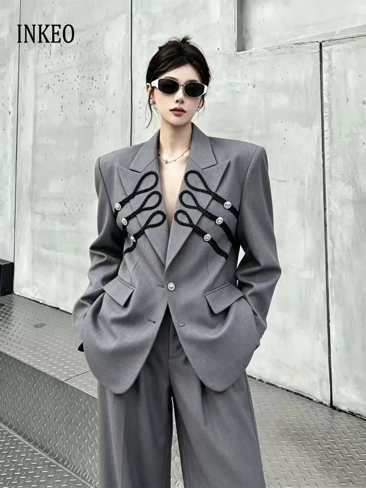 New design Braided Strap Decor blazer women Spring autumn Grey Black Oversize Notched Lapel Single Button Jacket INKEO 6O018