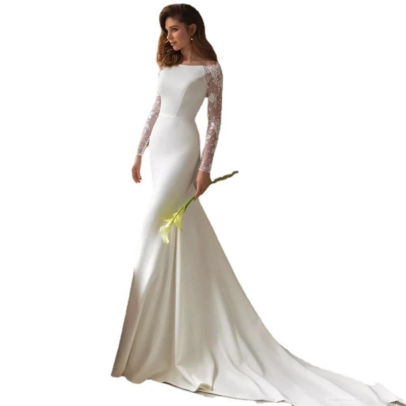 Simple Long Sleeve Wedding Dress with Slimming Mermaid Court Train Soft Tulle