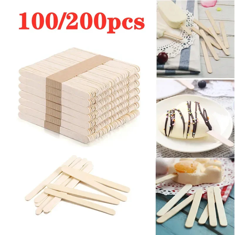 

100/200pcs Natural Wooden Ice Cream Popsicle Sticks Wood Stick Ice Cream Spoon Hand Art Ice Cream Ice Cube Lollipop Cake Tools