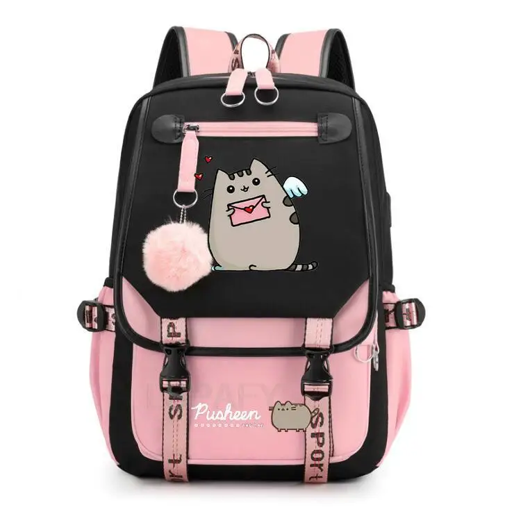 Fat Cat Cartoon Backpacks for School Students Girls Book Bag Simple Laptop Computer USB Backpack Lady Multipocket Travel Bags