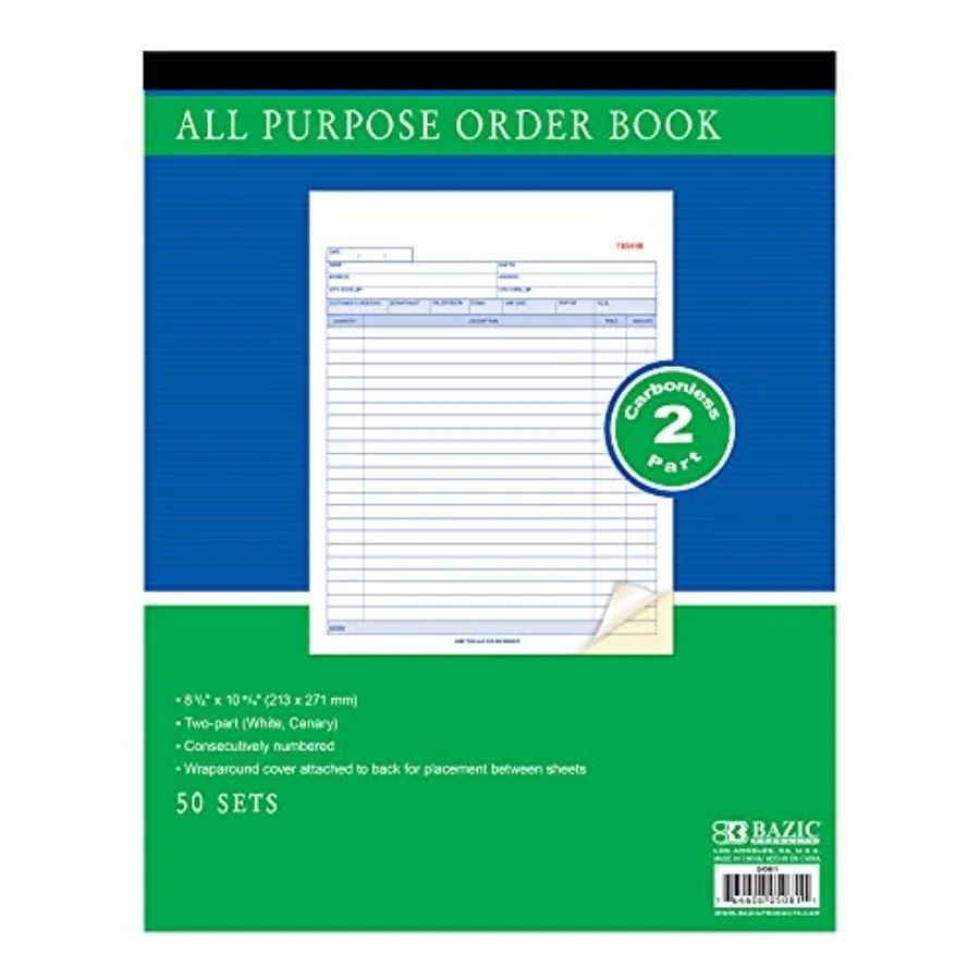 

All Purpose Order Book, 50 Sets 8 3/8" x 10 11/16" 2-Part Carbonless, White and Bound Wraparound Cover 50 Sets/Pk