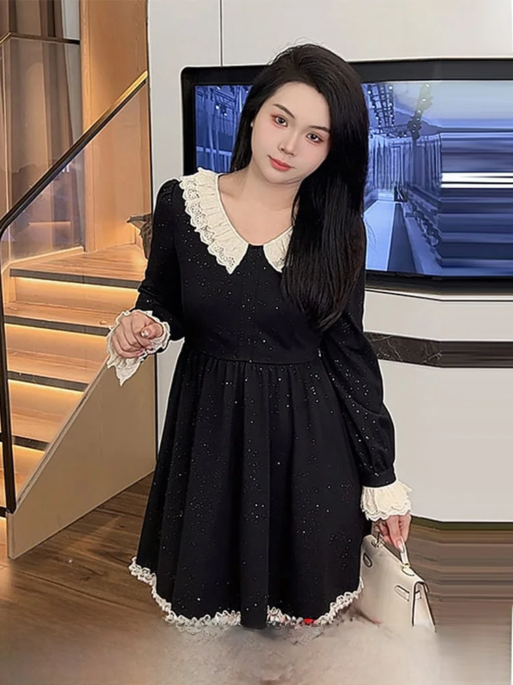 

Ele Lace Trim Dr, большие размеры, женские модные зимние новые сверкающие утягивающие платья для похудения, трапециевидные формы с высокой талией и высокой талией...