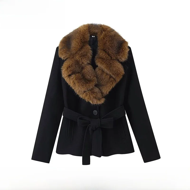 

Faionable Street Sle Women's Woolen Coat Long Sve Loose Fur Collar New Arrival Winter Polyester Fiber 00%