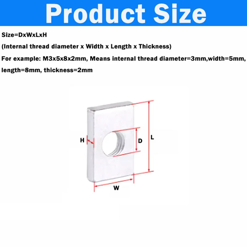 M3 M4 M5 Zinc-Plated Carbon Steel Thin Rectangular Nuts Square Nut Slider Block for Aluminum Profile Accessory