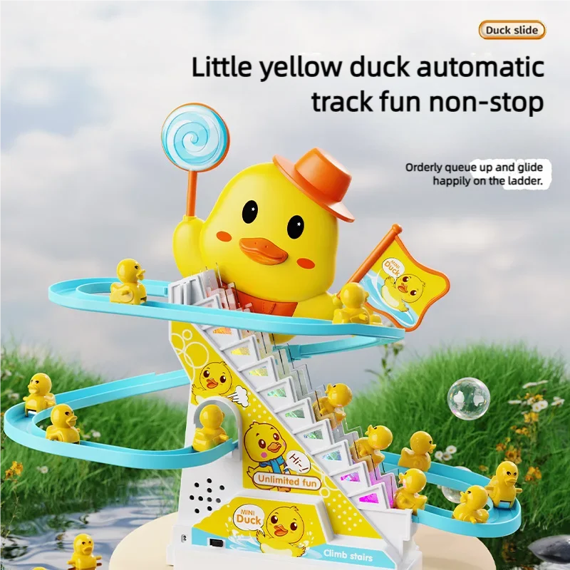 Pato amarillo pequeño para subir escaleras, pista de juguete, música ligera, pista deslizante, montaña rusa, juguete educativo para niños, juguetes Divertidos, regalo