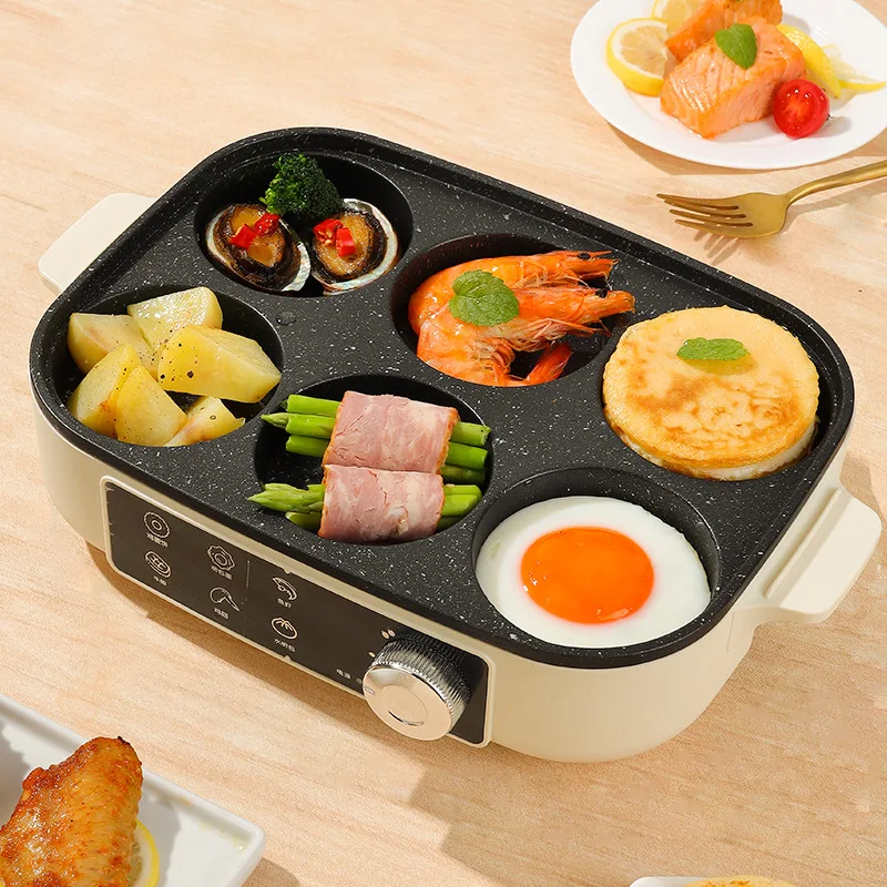 All-in-One Breakfast Machine Non-Stick Six-Hole Fried Egg Hamburger Pan Multi-Functional Features Wheel Cake Plug-In for Car