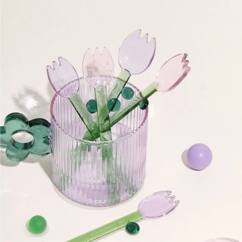 Creative Glass Milk Spoons Cute Flower Shape Spoon Handmade Glass Stirring Spoon Dessert Spoon Long Handle Stirrer Rod Kitchen