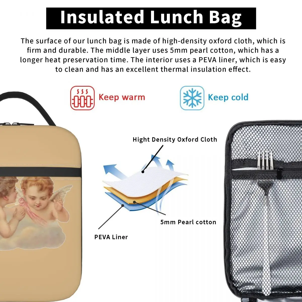 Querubins-Lunch Bags Isolados Térmicos para Crianças, Recipiente de Alimento Portátil, Caixas Refrigeradoras para Escritório, Anjo